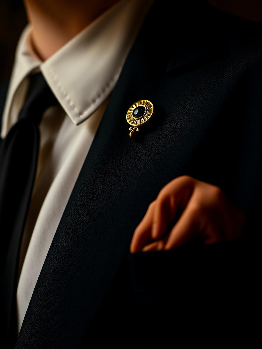 Detalhe editorial de alfaiataria com acento dourado
